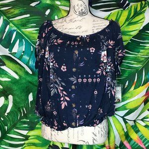 NWT $24 Mudd 2XL Juniors Blue Cinched Waist Floral Summer Off Shoulder Crop Top